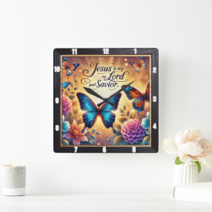 Jesus Lord Savior Golden Butterflies Fyrkantig Klocka