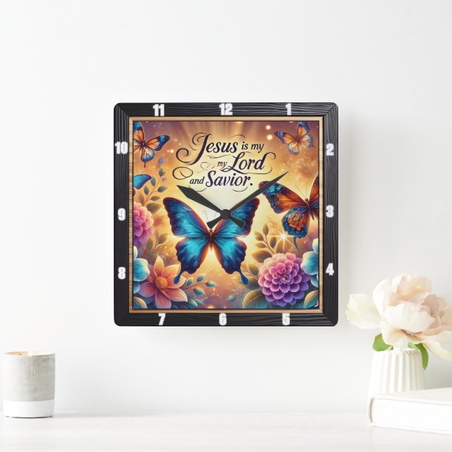 Jesus Lord Savior Golden Butterflies Fyrkantig Klocka (Hem)