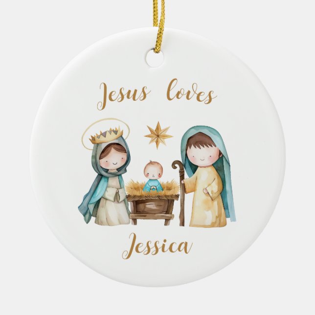 Jesus Loves Personalized Kid's Name Nativity Scene Julgransprydnad Keramik (Framsidan)