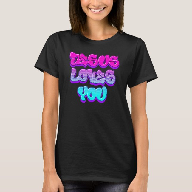 Jesus Loves You Graffiti Christian T Shirt (Framsida)