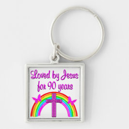 JESUS LOVING 90:E BIRTHDAY FYRKANTIG SILVERFÄRGAD NYCKELRING