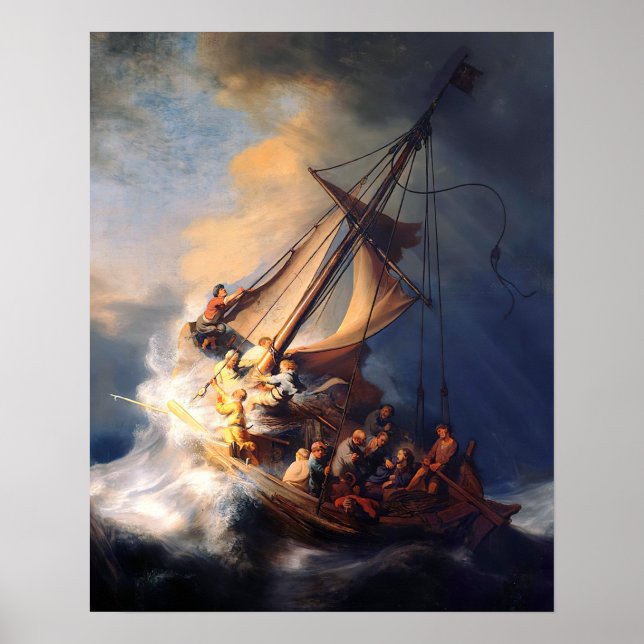 Jesus Lugnar Storm Sea of Galilee Rembrandt Poster (Framsidan)