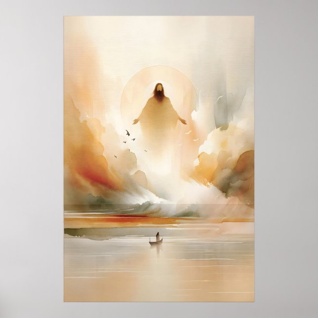 Jesus Lugnar Stormen Akvarell Bibel Mirakel Poster (Framsidan)