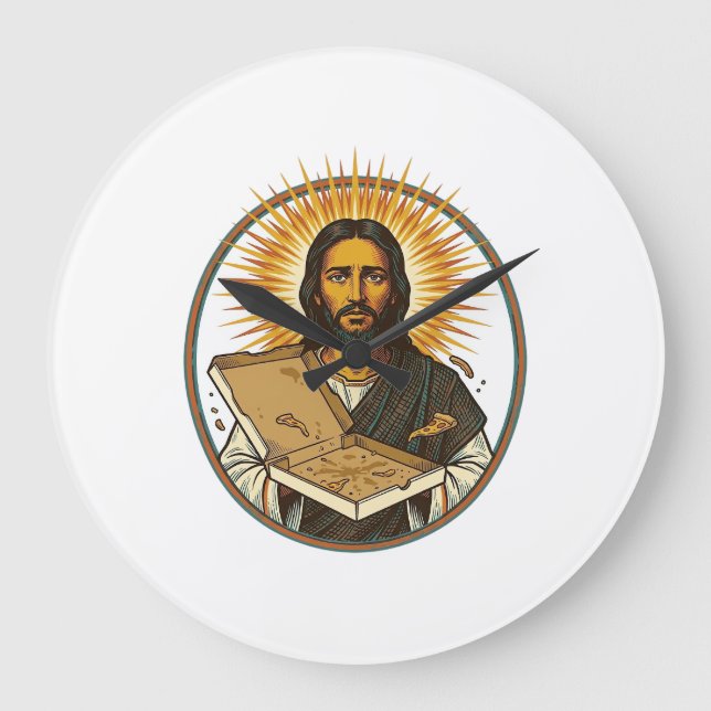 Jesus lurad av tom pizzaförpackning Partyröj Humor Stor Klocka (Framsida)