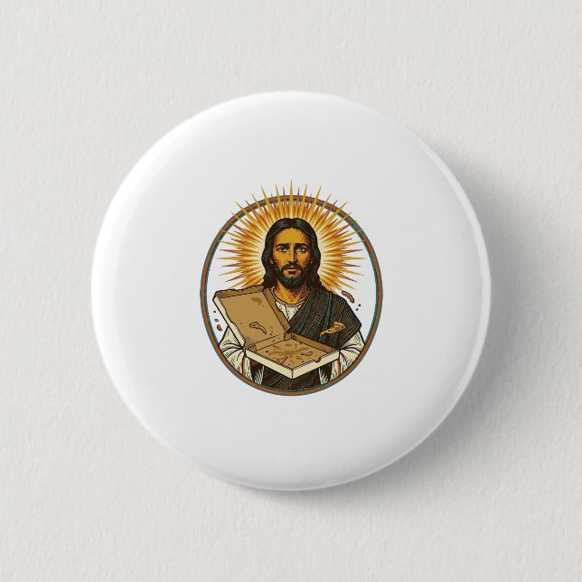 Jesus lurad av tom pizzaförpackning Partyröjer Knapp (Framsida)