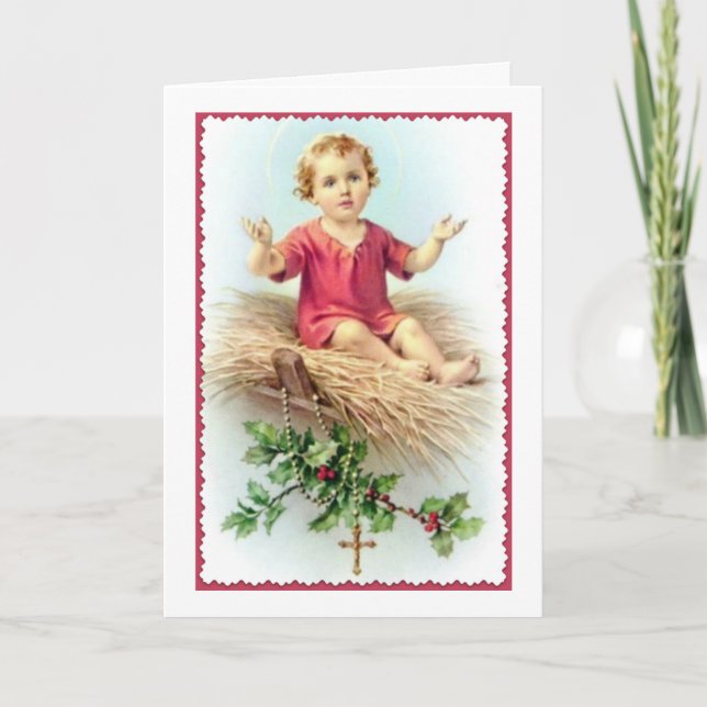 Jesus Manger Kristus Child Rosary Holly Berry Stra Helgkort (Framsida)