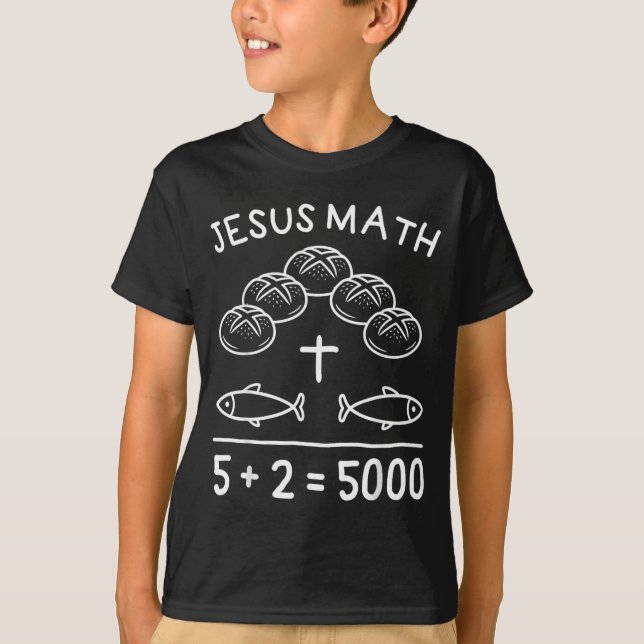 Jesus Matte 2 Fiskar 5 Bröd Mättar De 5000 Bibeln T Shirt (Framsida)