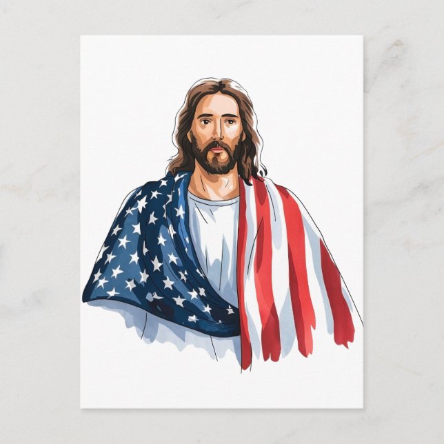 Jesus med abstrakt av amerikanska flagga vykort (Framsida)