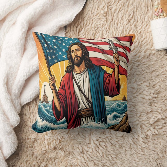 Jesus med amerikansk flagga vid solnedgång kudde (Filt)