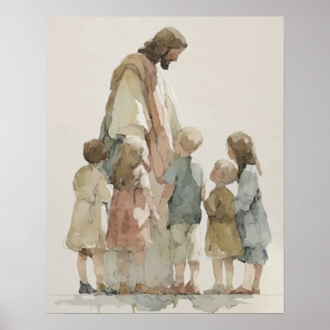 Jesus med barn Akvarell Poster (Framsidan)
