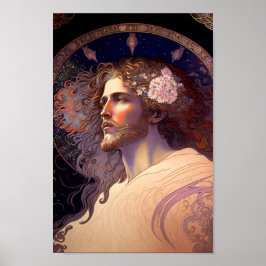 Jesus med blommor i hår av Mucha AI Generation Poster