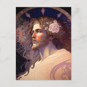 Jesus med blommor i håret av Mucha AI-genererad Vykort
