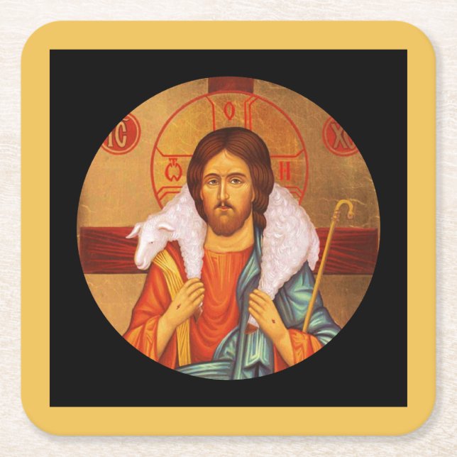 Jesus med Borttappad Lamb Underlägg Papper Kvadrat (Framsidan)