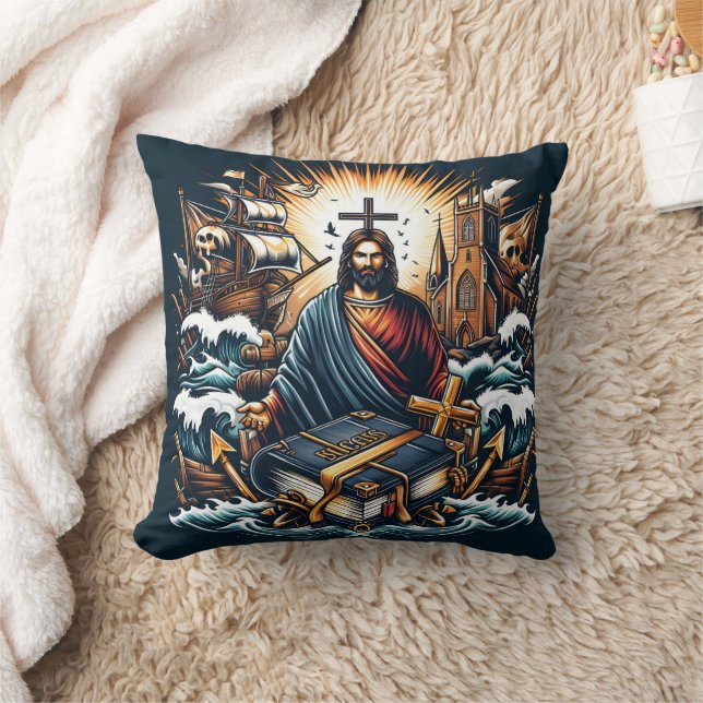 Jesus med helig i bok i stormiga hav kudde (Filt)