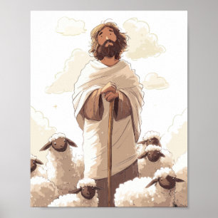 Jesus med herdestav omgiven av lamm poster