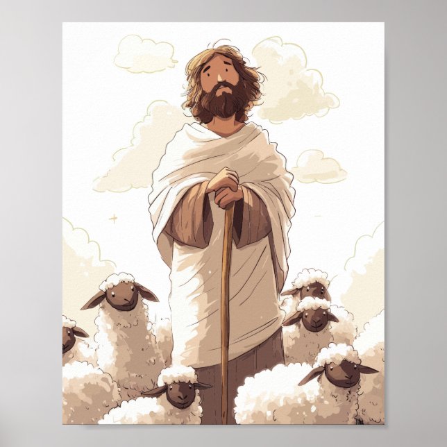 Jesus med herdestav omgiven av lamm poster (Framsidan)