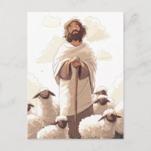 Jesus med herdestav omgiven av lamm vykort
