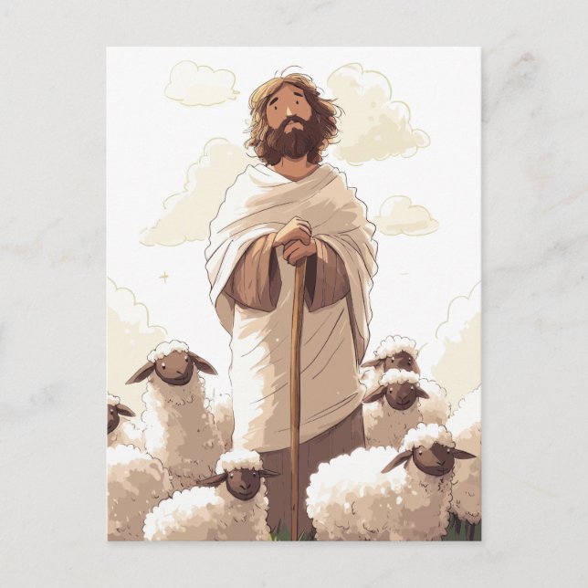 Jesus med herdestav omgiven av lamm vykort (Framsida)