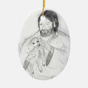 Jesus med lamben julgransprydnad keramik
