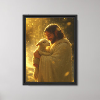 Jesus med lamm i gyllene ljus Andlig Canvastryck