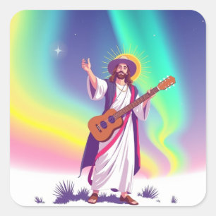 Jesus med norra Ljus, UFO, Rainbows, Guitar Fyrkantigt Klistermärke