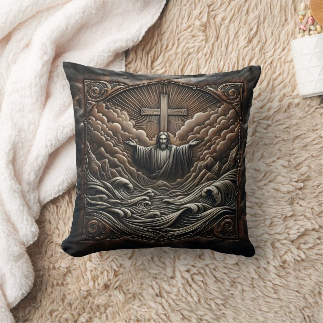 Jesus med utsträckt Arm Amid Stormy Vågar Kudde (Filt)