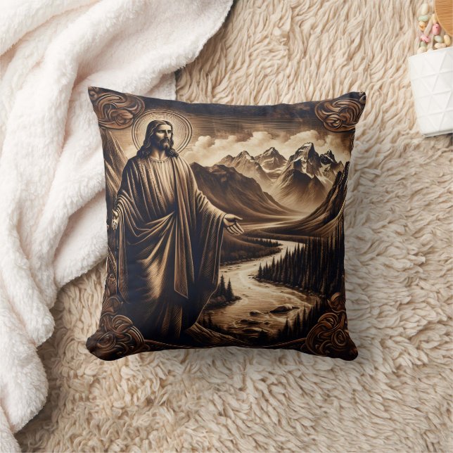 Jesus med utsträckt Arm i bergslandskapet Kudde (Filt)