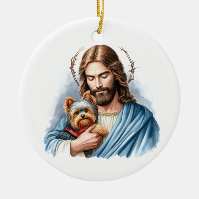 Jesus med Yorkie 1:a julen i himlen Julgransprydnad Keramik (Framsidan)