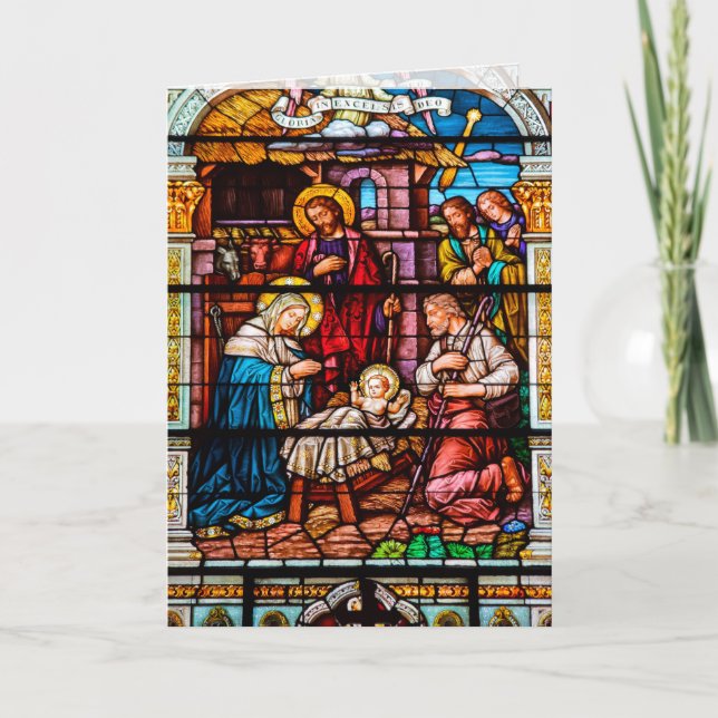 Jesus Nativitetsscenen i fastlagat glas Helgkort (Framsida)