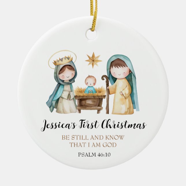 Jesus Nativity Scene Bible Verse First Christmas Julgransprydnad Keramik (Framsidan)