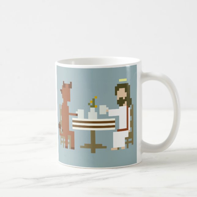 Jesus och djävulen som har muggen för kaffemugg (Höger)