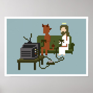 Jesus och Djävulen spelar videospel Pixel Art Post Poster