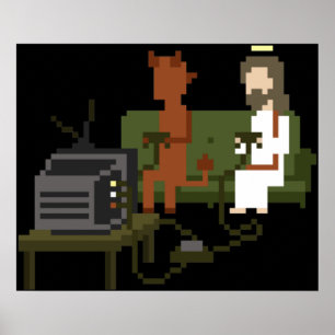 Jesus och Djävulen spelar videospel Pixel Art Poster