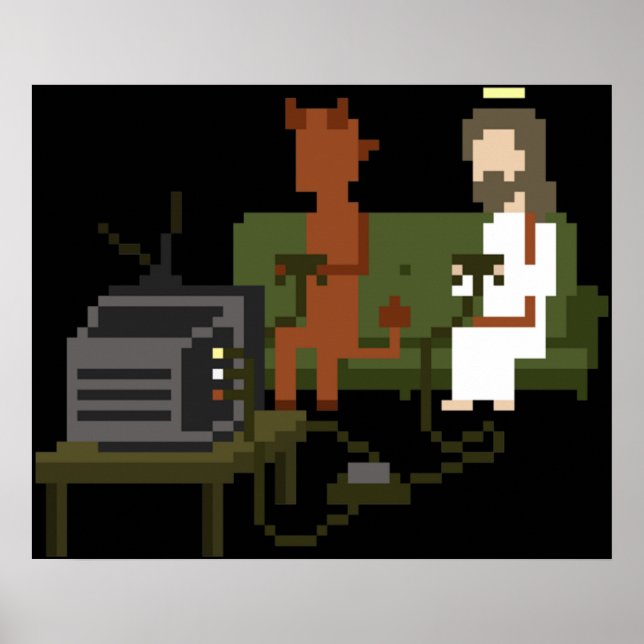Jesus och Djävulen spelar videospel Pixel Art Poster (Framsidan)