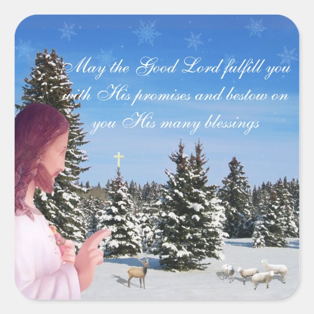 Jesus och får fyrkantigt klistermärke (Framsida)