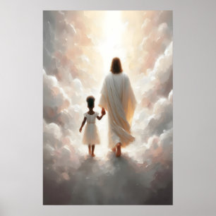 Jesus och flicka Jesus och svart barn Bibelvers Poster