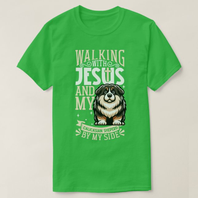 Jesus och hund kaukasiska shepherd Hund T Shirt (Design framsida)