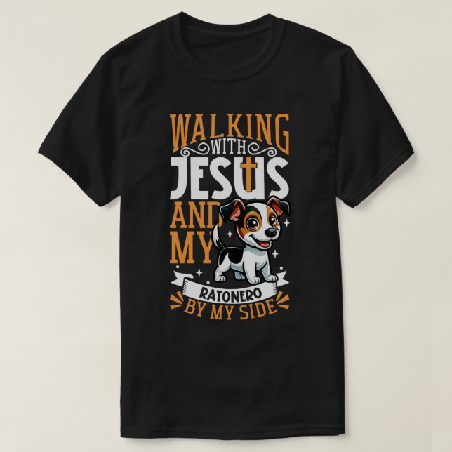 Jesus och hund Ratonero Bodeguero Andaluz T Shirt (Design framsida)