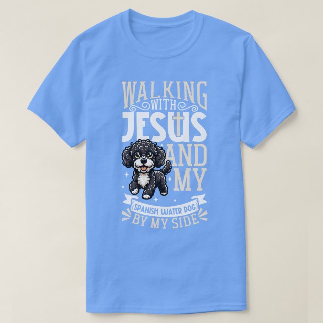 Jesus och hund spanska Vatten Hund T Shirt (Design framsida)