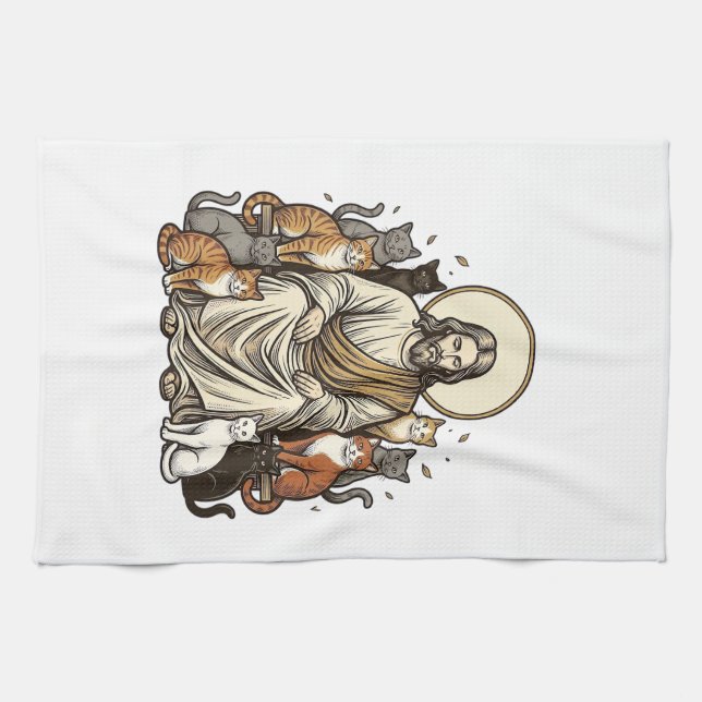 Jesus och Katter Vintage Kökshandduk (Horisontell)
