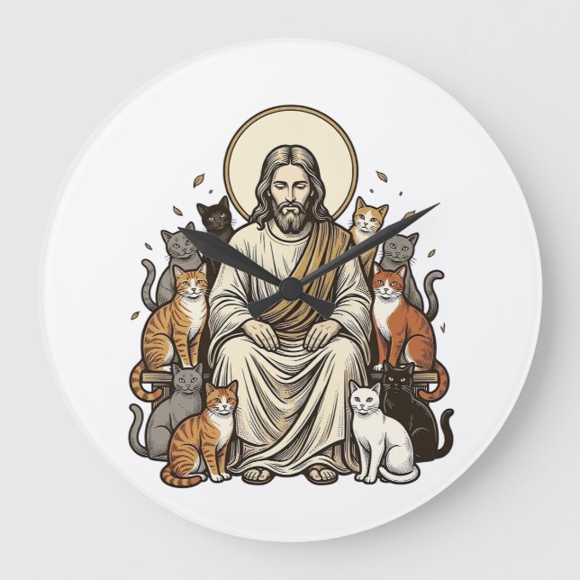 Jesus och Katter Vintage Stor Klocka (Framsida)