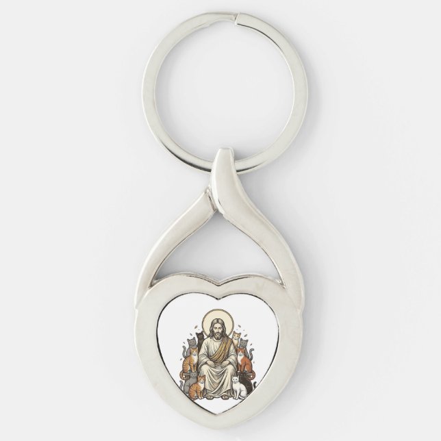 Jesus och Katter Vintage Twisted Heart Silverfärgad Nyckelring (Framsidan)