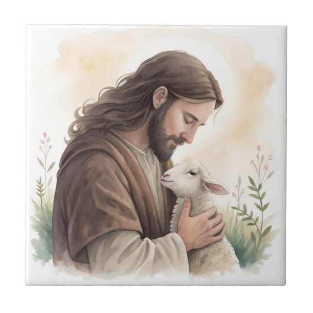 Jesus och Lamb Ceramic Tile Kakelplatta (Framsidan)