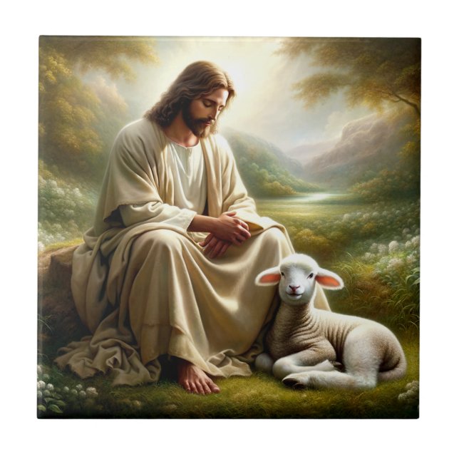 Jesus och Lamb Ceramic Tile Kakelplatta (Framsidan)