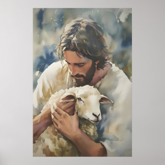 Jesus och lamm akvarell konsttryck kristen poster
