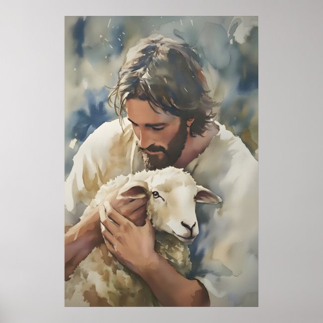 Jesus och lamm akvarell konsttryck kristen poster (Framsidan)