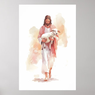 Jesus och lamm akvarelltryck Liknelsen om det Poster