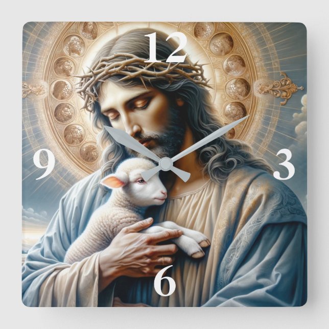Jesus och lamm fyrkantig klocka (Framsida)