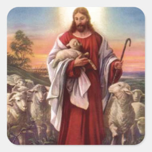 Jesus och lamm fyrkantigt klistermärke