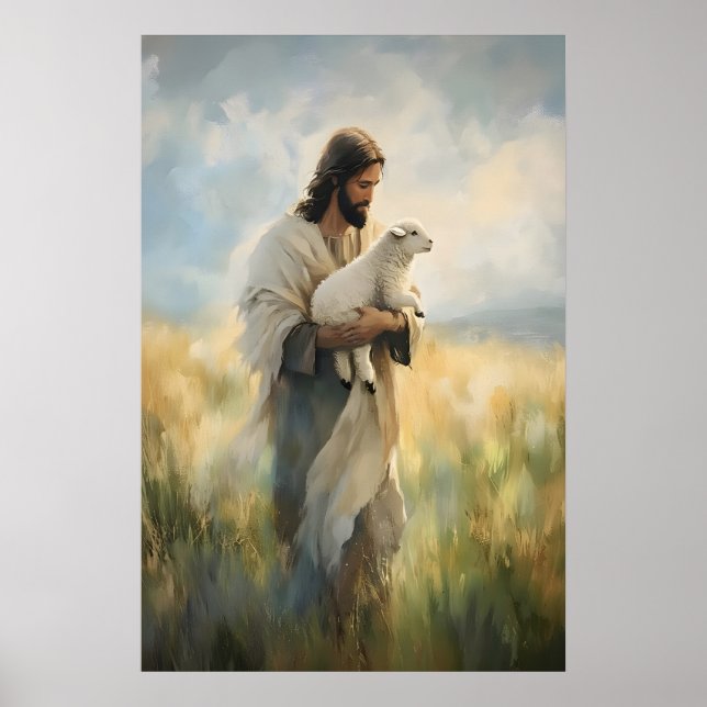 Jesus och lamm konsttryck, kristen herde poster (Framsidan)